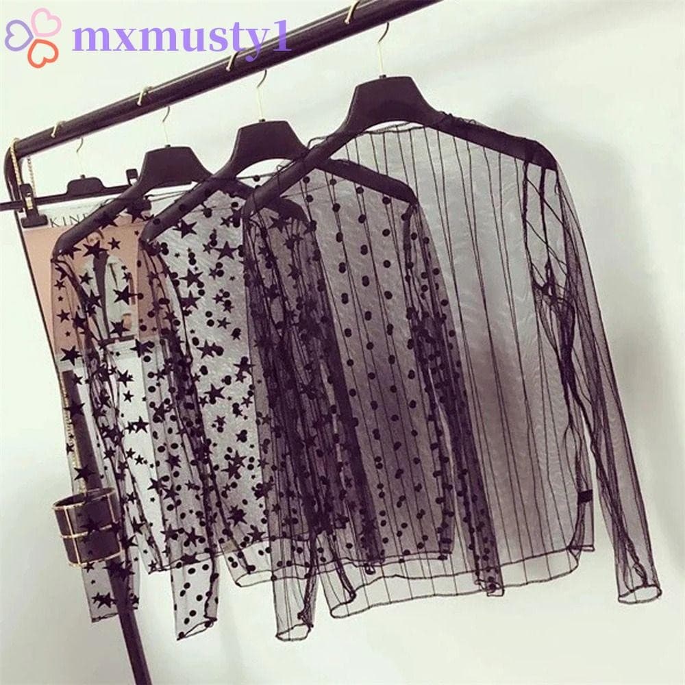 MXMUSTY Camiseta De Renda , Blusas Femininas De Malha De Manga Comprida Transparente Florais De Gola Alta ,