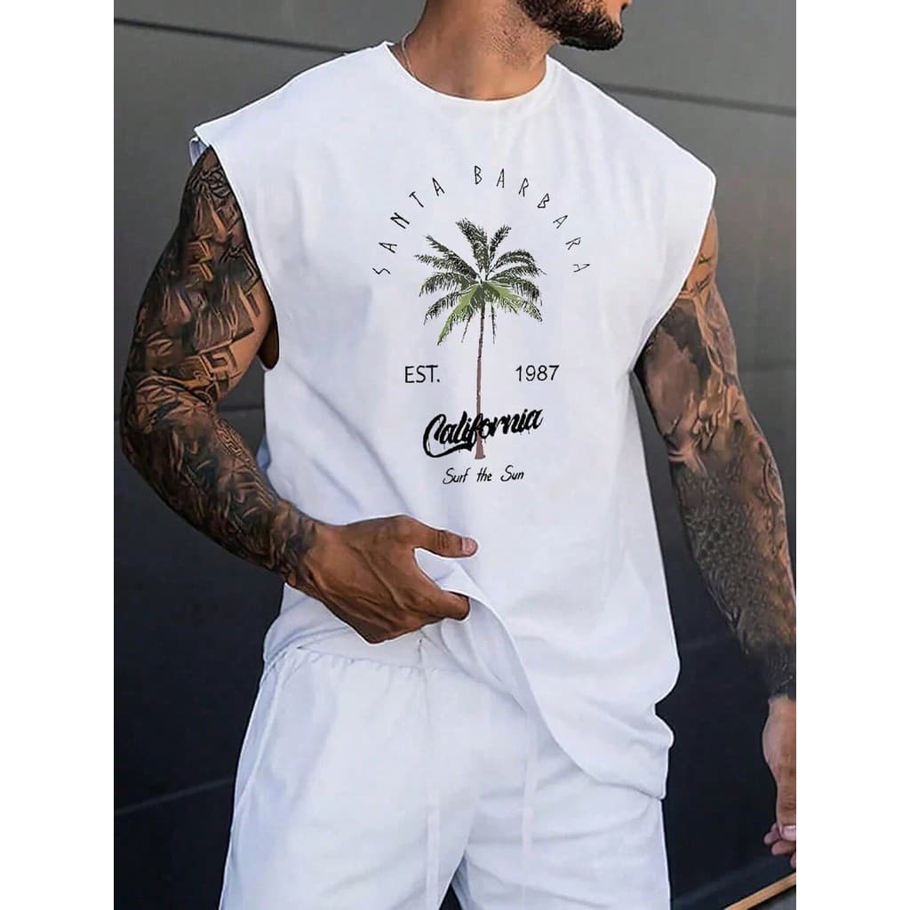 Regata Masculina Cavada Algodão Estampa Coqueiro California Praia Santa Bárbara