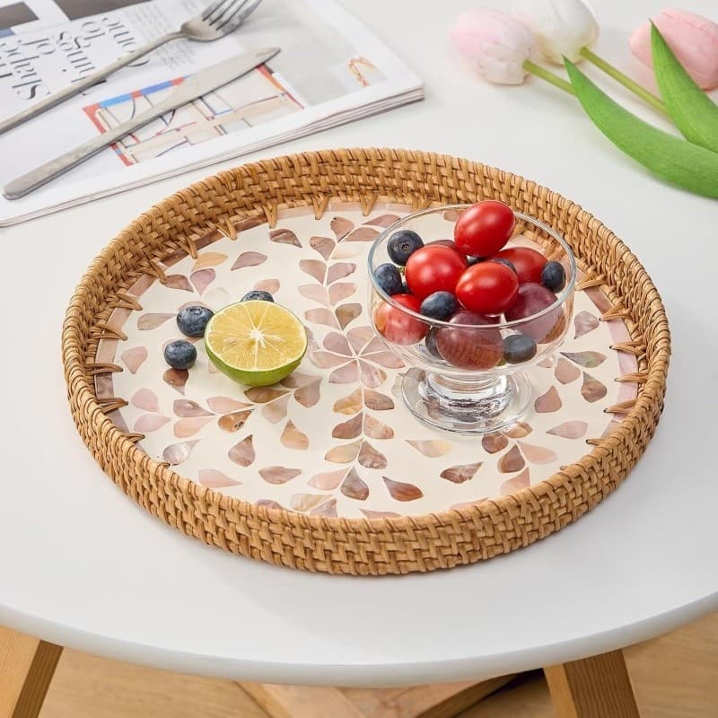 Bandeja de Rattan em Formato de Concha, Tecelagem Colorida para Decoração e Frutas