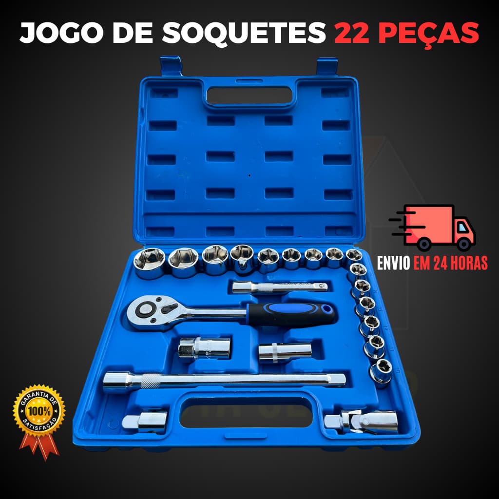 JOGO DE SOQUETE SEXTAVADOS 10 AO 32 MM COM ENCAIXE DE 1/2 POL 22 PEÇAS