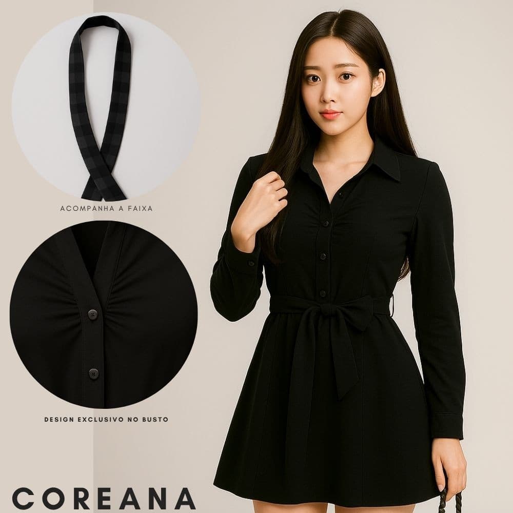 Vestido Coreano Preto Feminino Franzido Com Faixa Dorama