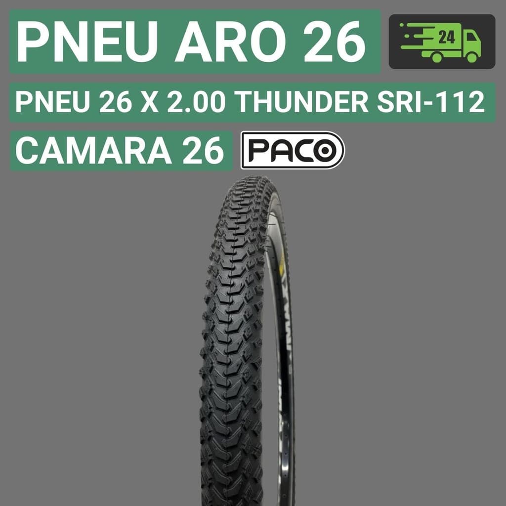 Pneu Aro 26 Thunder Pneu Aro 26 Bicicleta Preto c/ Cravo Pneu aro 26 X 2.00 SRI-112 PSI máx 65 Paco