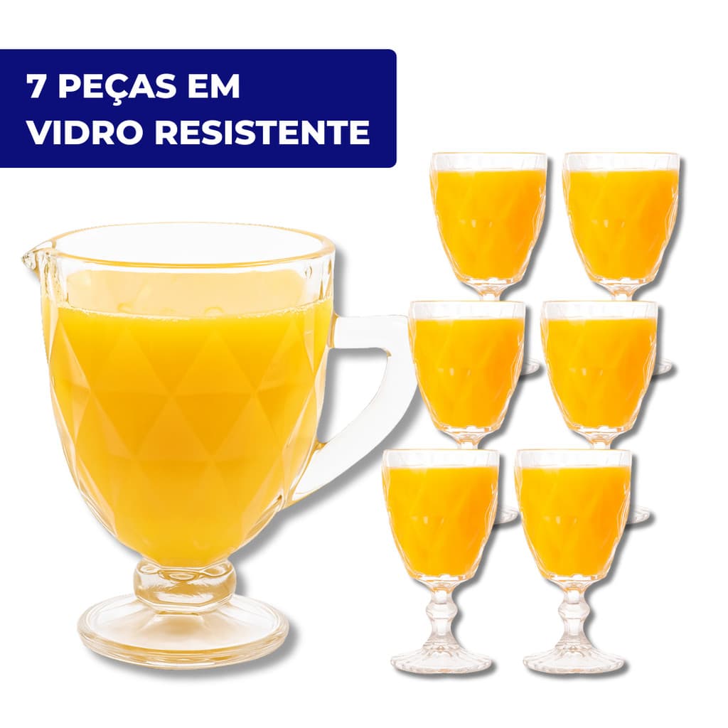 Kit Jarra De Vidro Diamante Resistente 1 Litro + 6 Taças Diamante Resistente 340 ml