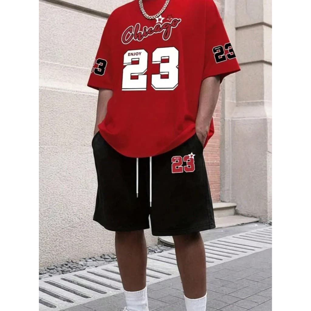 Kit Camiseta Vermelha + Bermuda de Moletom Estilo Tumblr "Chicago 23 Enjoy" -  LANÇAMENTO ESPECIAL