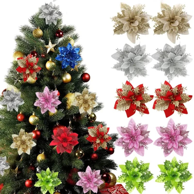 Flores De Natal Com Glitter Artificial Clipes Para Enfeite De Árvore Flor Falsa Floral Festa De Ano Novo Decoração De Ca