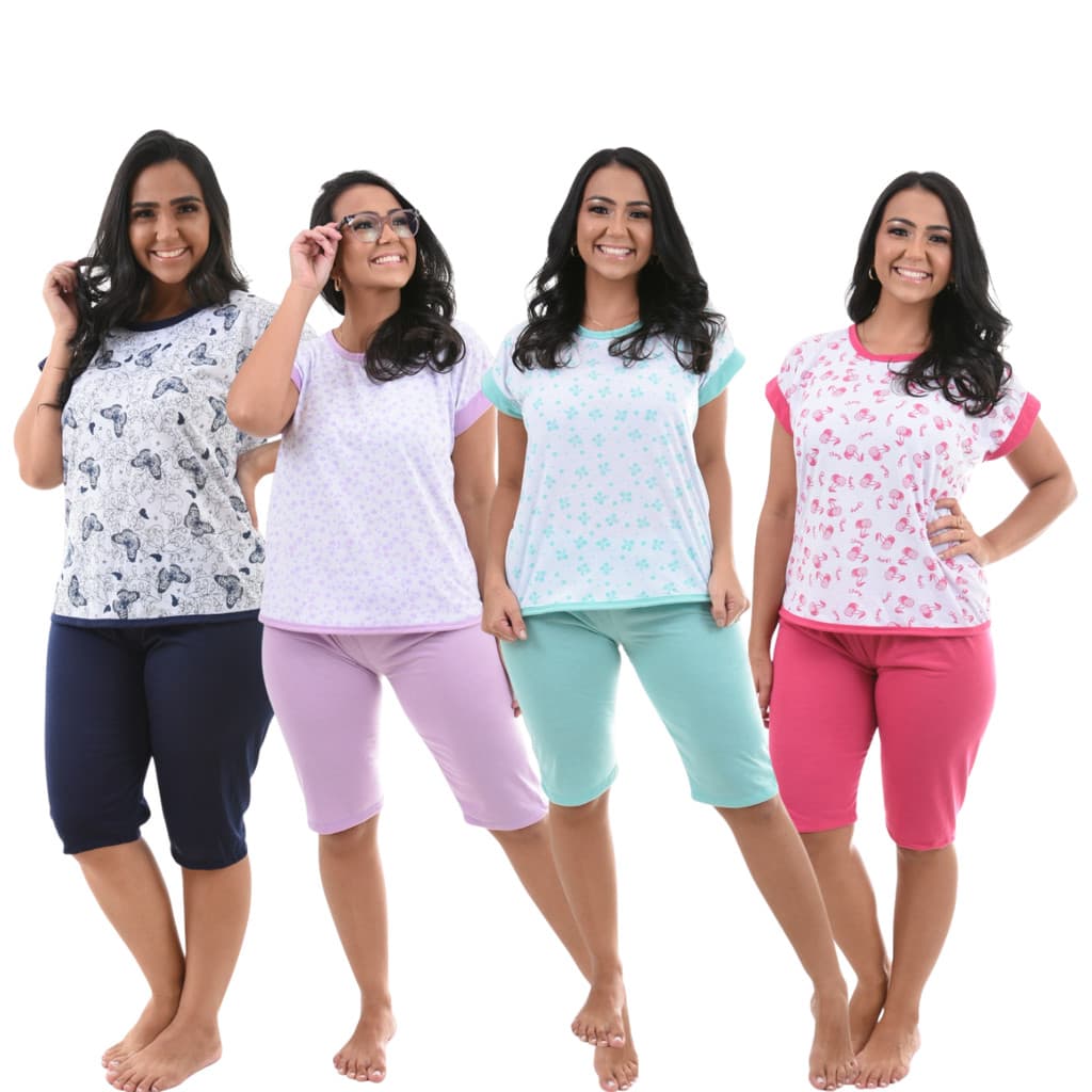 Kit 4 Pijama Feminino Manga Curta Bermudão Pescador Promoção Verão