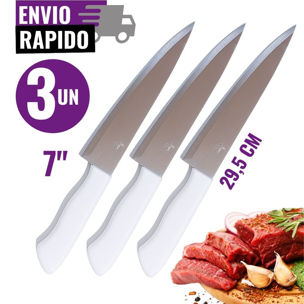 Jogo 3 Facas Peixeira Profissional 7" Inox 29,5cm Chef Cabo Branco Ergonômico Corte Afiado Cozinha