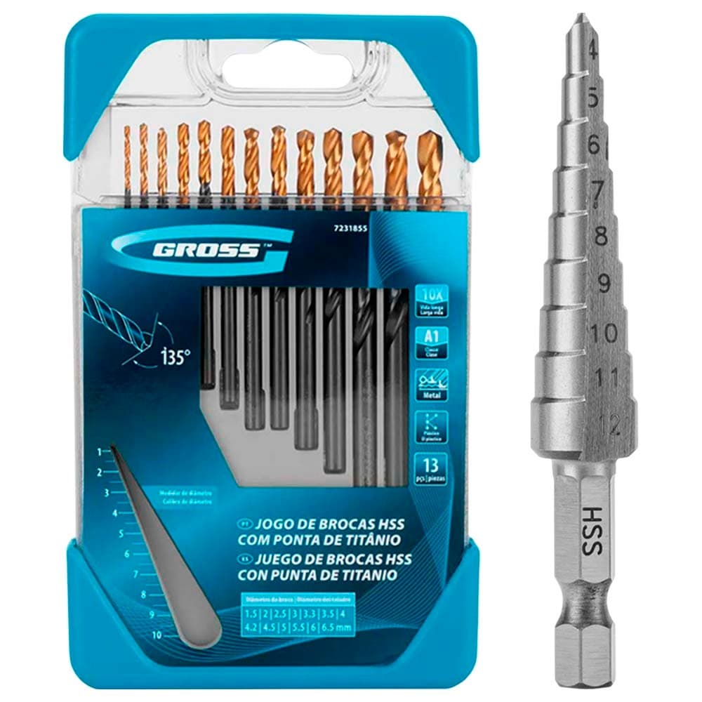 Kit Broca Escalonada 4 A 12mm + Jogo Broca A.r 13 Pc 1,5 A 6,5mm Titanio - GROSS