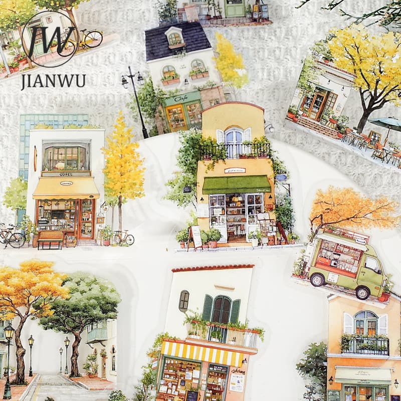 JIANWU Pequena Cidade Série Tempo Casa Vintage Árvore Paisagem Material Colagem PET Adesivo Criativo DIY Diário Papelari
