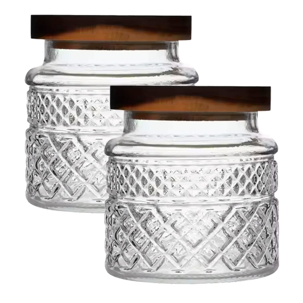 Kit 2 Potes De Vidro Hermético 600ml Com Tampa De Madeira Elegante