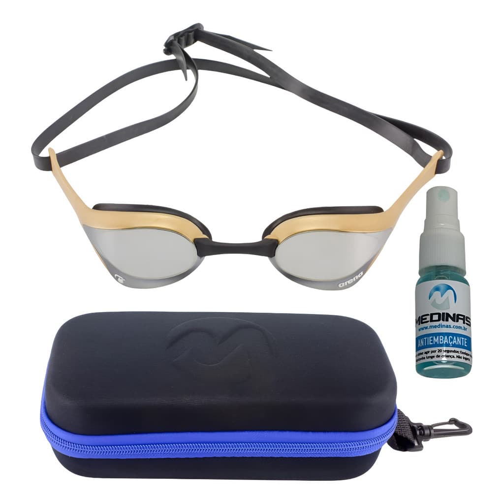 Óculos Natação Arena Cobra Ultra Mirror Swipe Prata + Estojo Medinas Logo Azul + Spray AntiFog