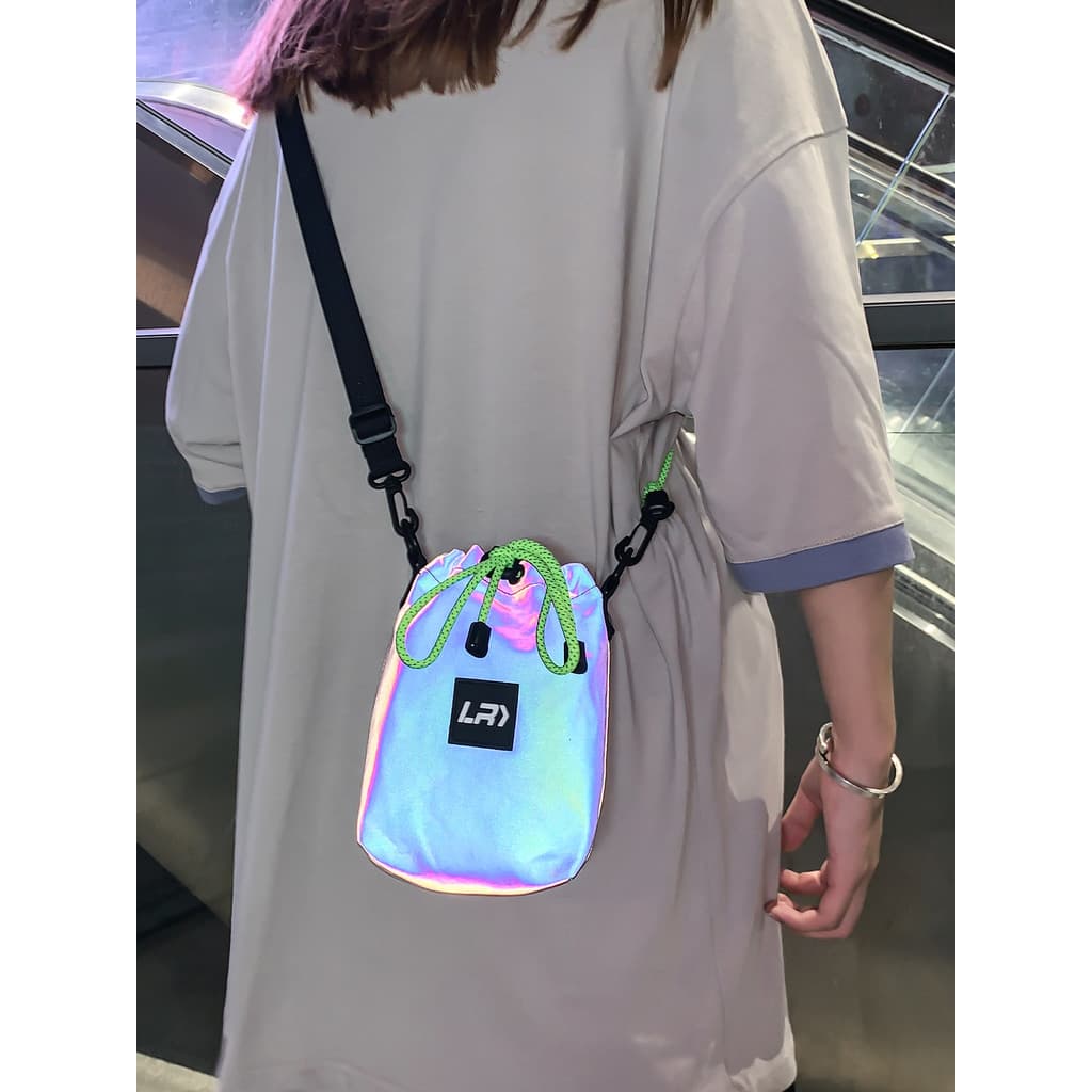 Bolsa de ombro pequena com cordão e bolso, mensageiro leve para homens, roupa de rua, bolsa de ombro reflexiva fem