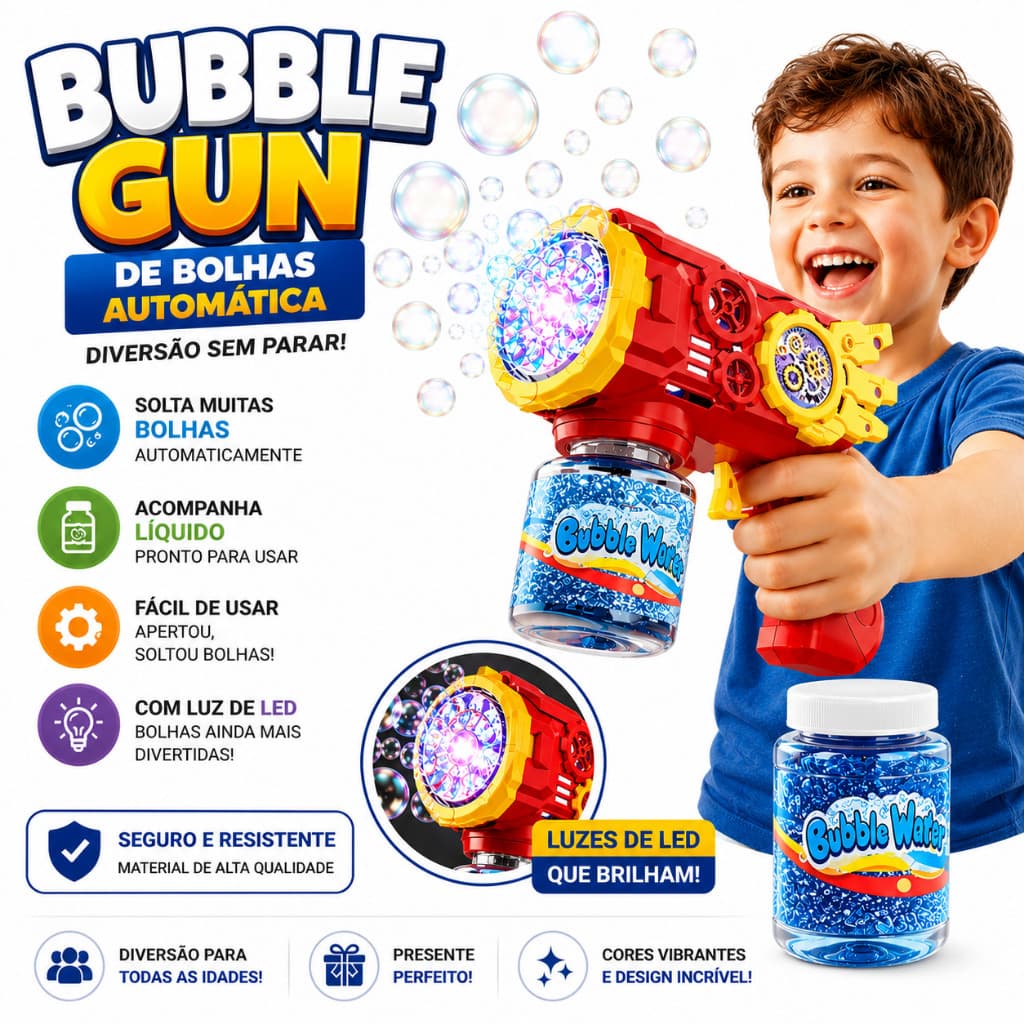 Bolhas Automática Bubble Gun com Refil Diversão para Festa Crianças e Adultos Leve e Ergonômica