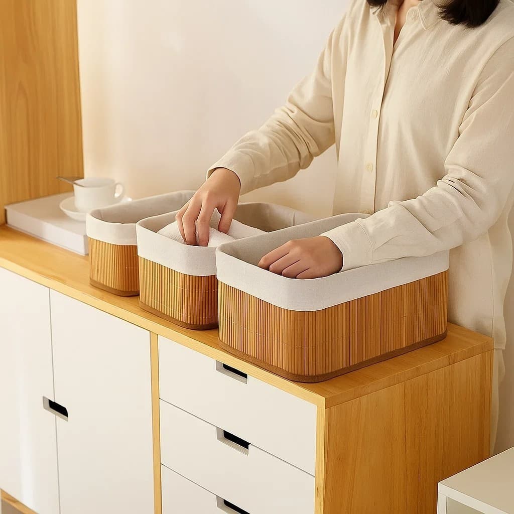 Conjunto de Cestos Organizadores em Bambu Natural Multiuso