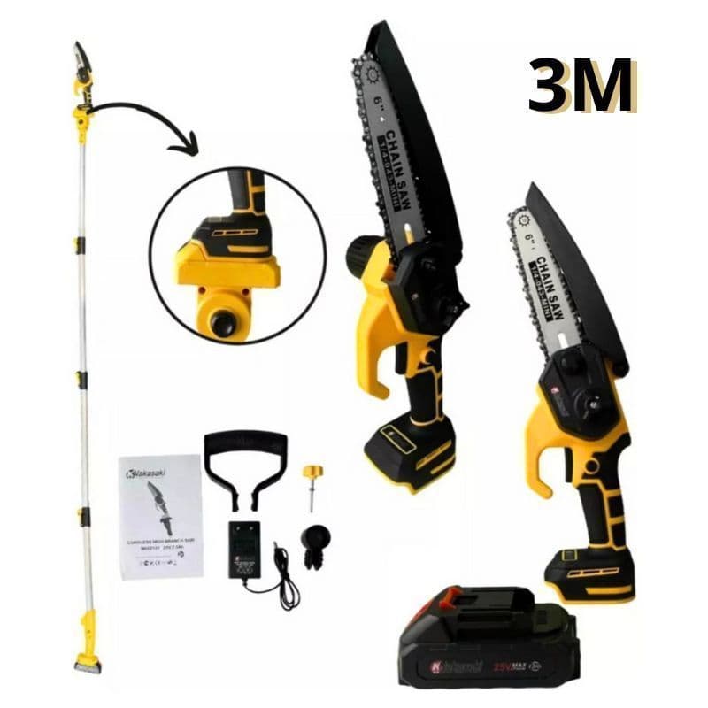 Mini Motosserra a Bateria 60V com Extensor de 3 Metros 6 Polegadas - Motoserra Moto Serra 1000w