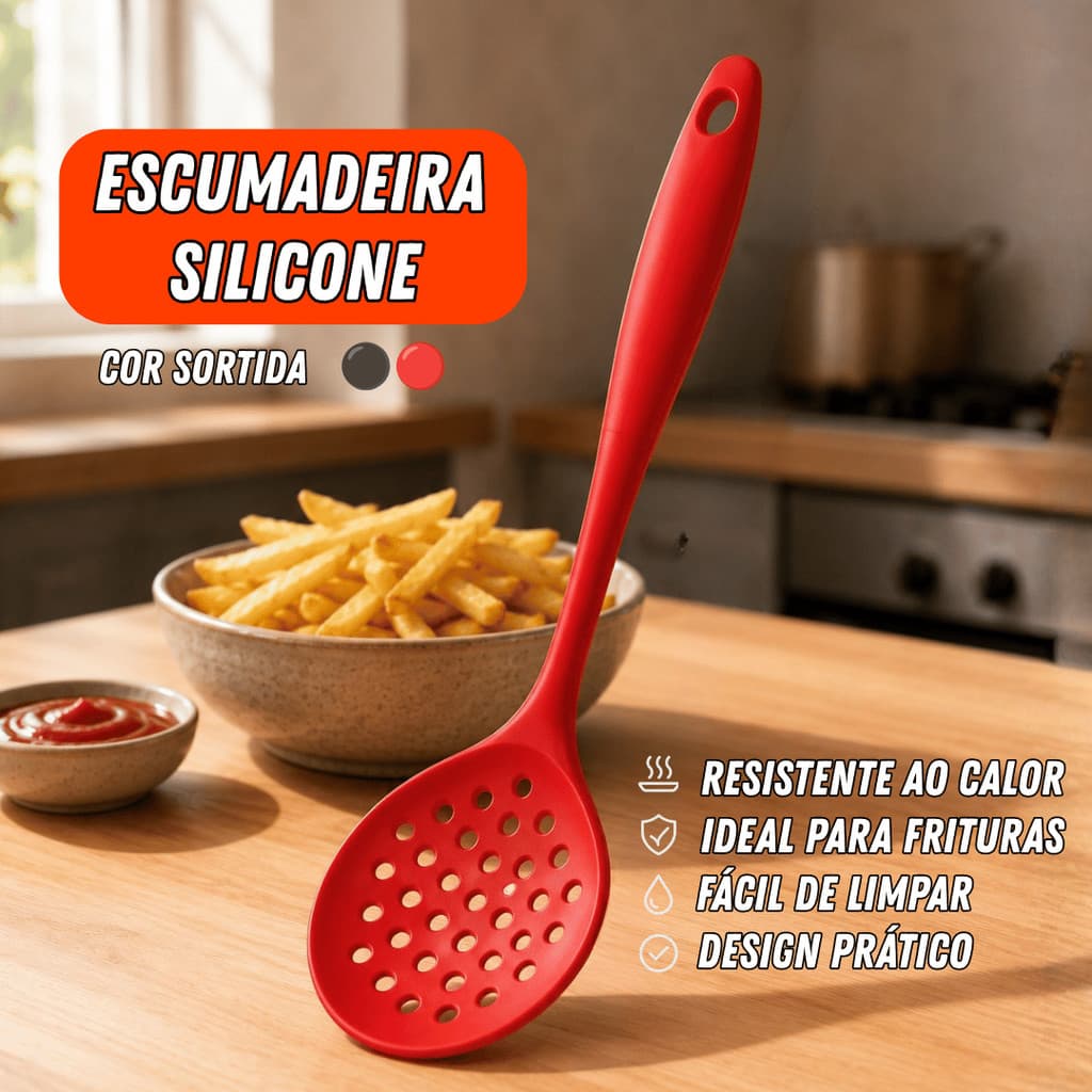Escumadeira Silicone 28,5cm Antiaderente Resistente ao Calor Não Risca Panelas Silicone Alimentício Premium