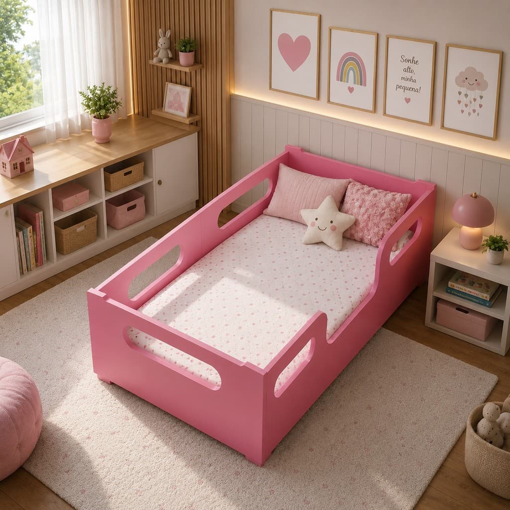 Cama Infantil Rosa + Colchão Incluso Encanto Montessoriana Confortável Grade Segura MDF LUCK STORE