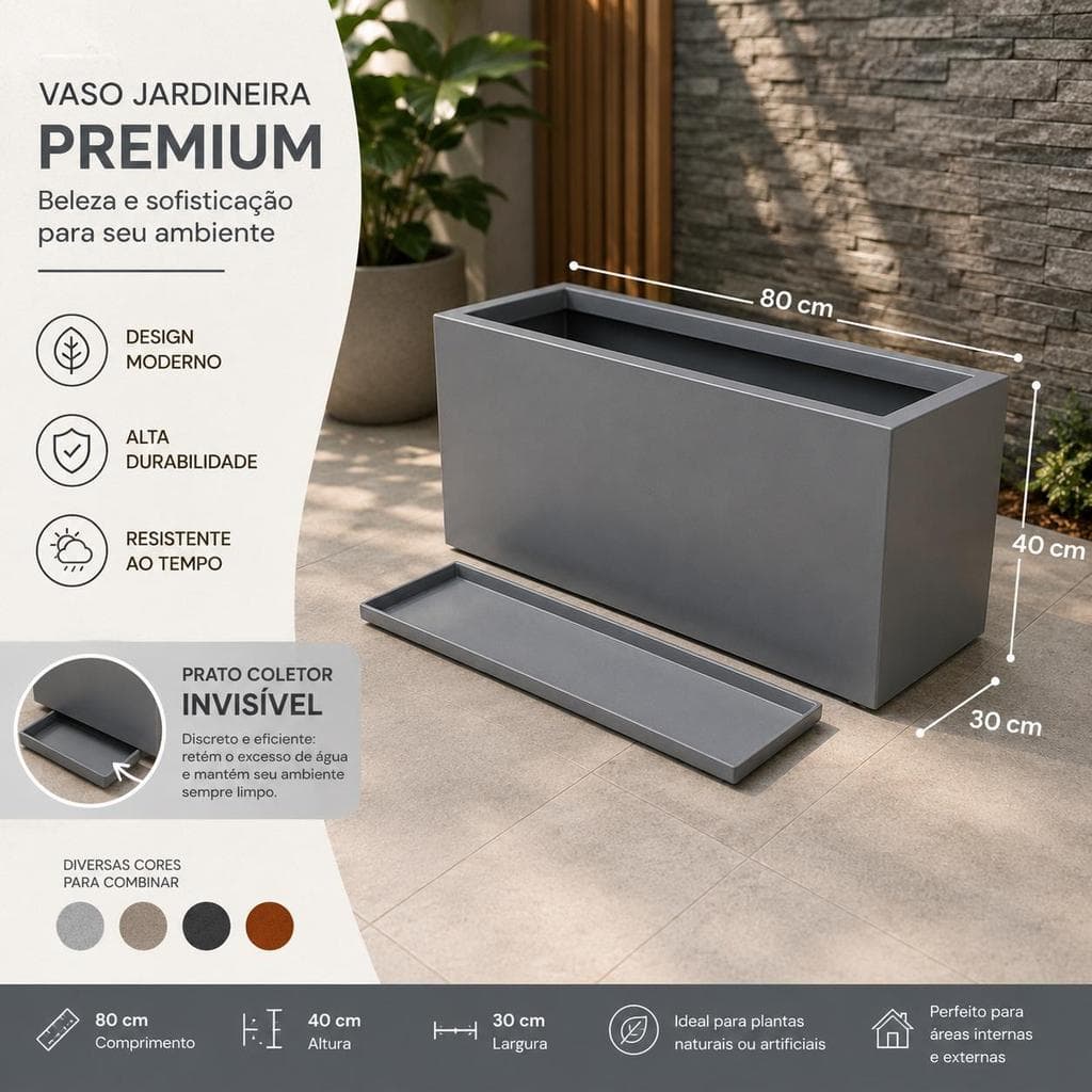 Jardineira Premium 80x40x30 cm com Prato Coletor Oculto - Uso Interno e Externo