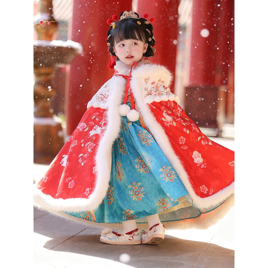 Hanfu meninas 2026 novo estilo crianças outono inverno quente grande manto menina capa vermelha jaqueta roupas de ano no