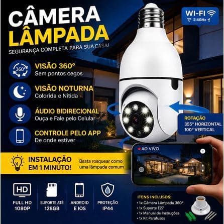 Câmera de Lâmpada Inteligente Wi-Fi Rotação 360 Graus Full HD 1080p Visão Noturna e Áudio Duas Vias