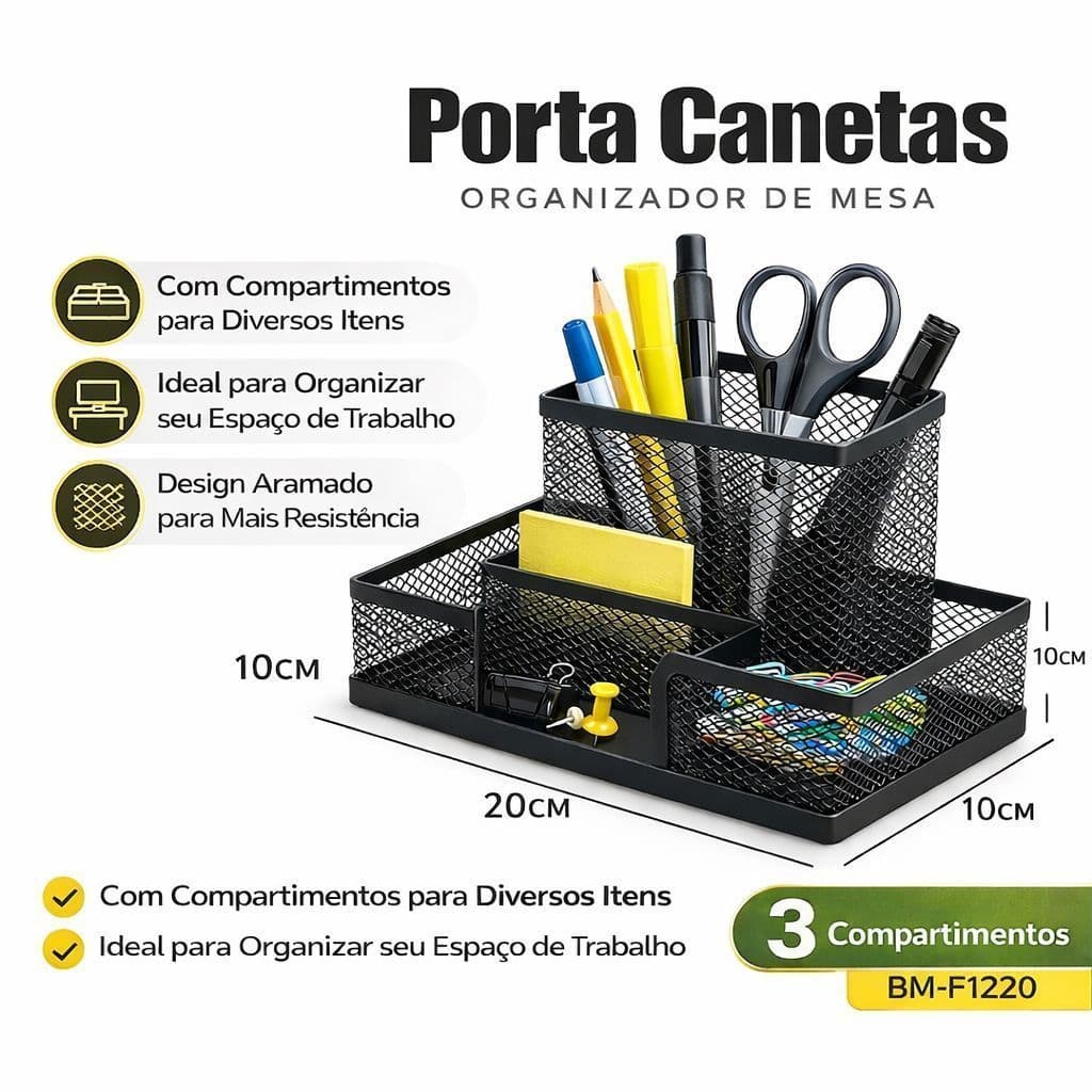 Porta Canetas Organizador de Mesa 3 Compartimentos – Super Prático