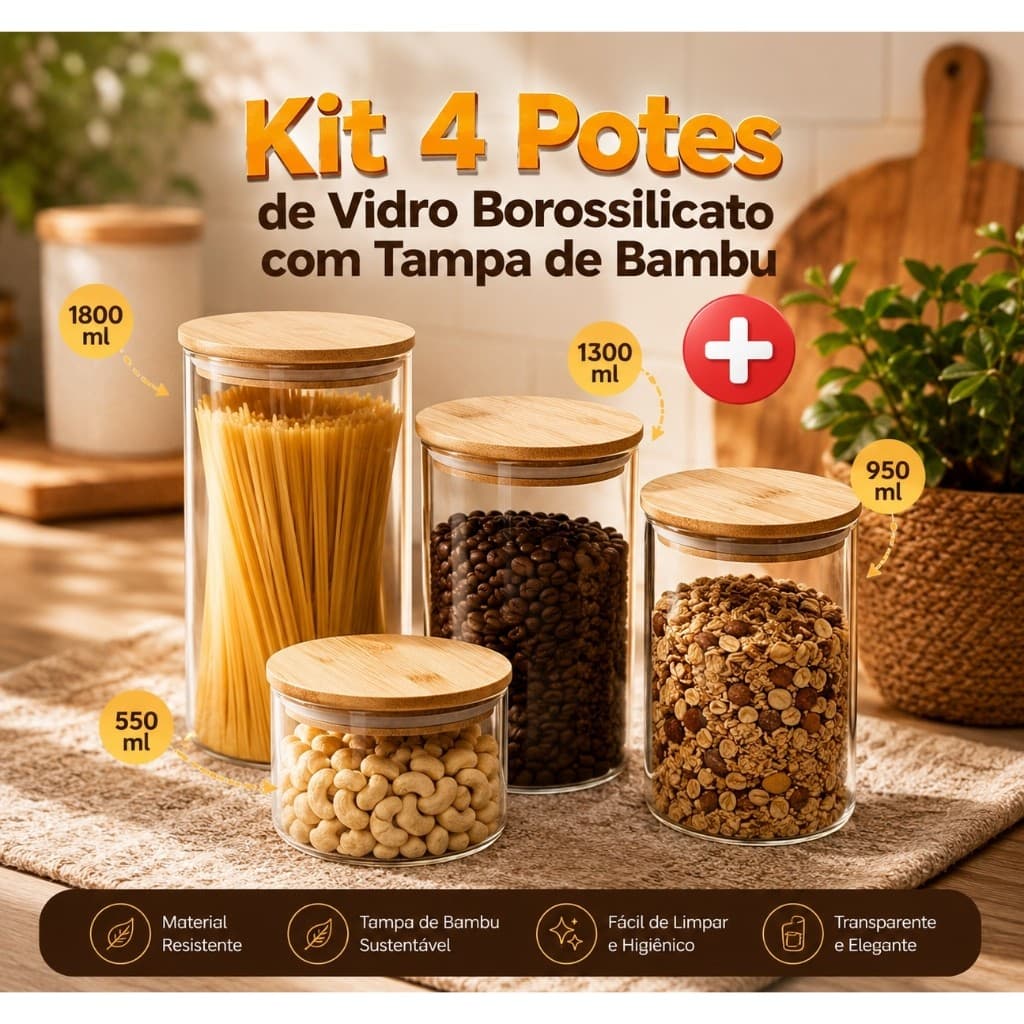 Kit 4 Potes de Vidro Borossilicato com Tampa de Bambu Hermética 550ml 950ml 1300ml 1800ml