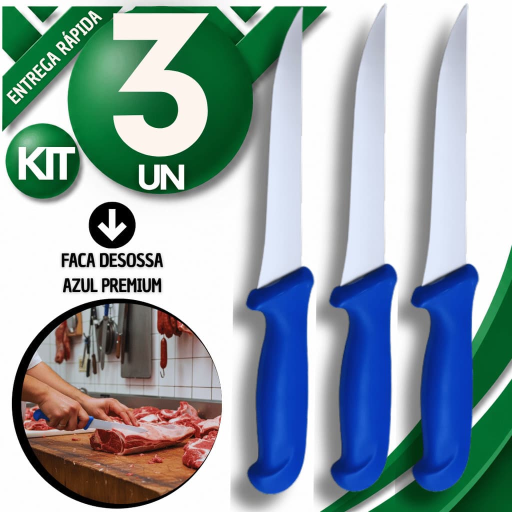 Facas Desossar Profissional 6" Polegadas Lâmina Aço Inox e Cabo Azul Açougue Cozinha Eficaz