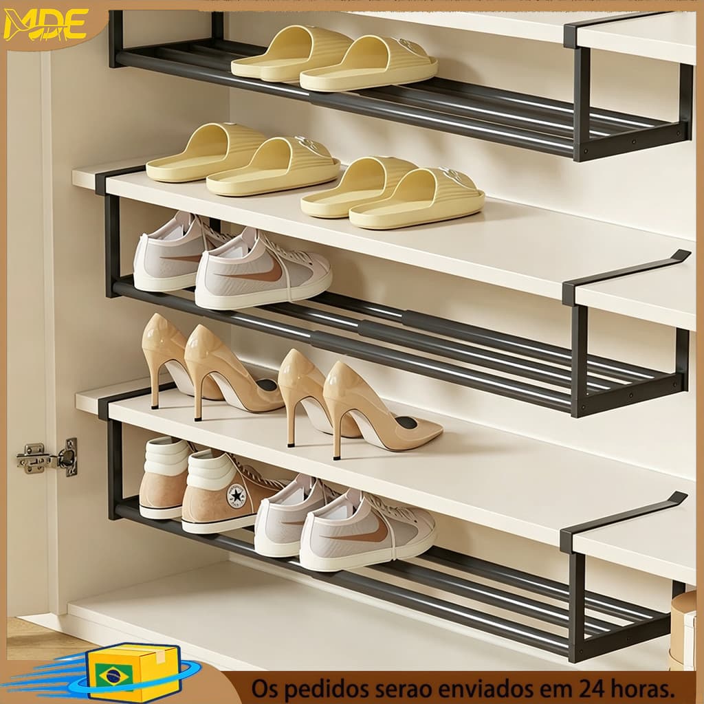 Sapateira Extensível Deslizante para Armário Organizador de Sapatos em Aço Inoxidável Prateleira Retrátil