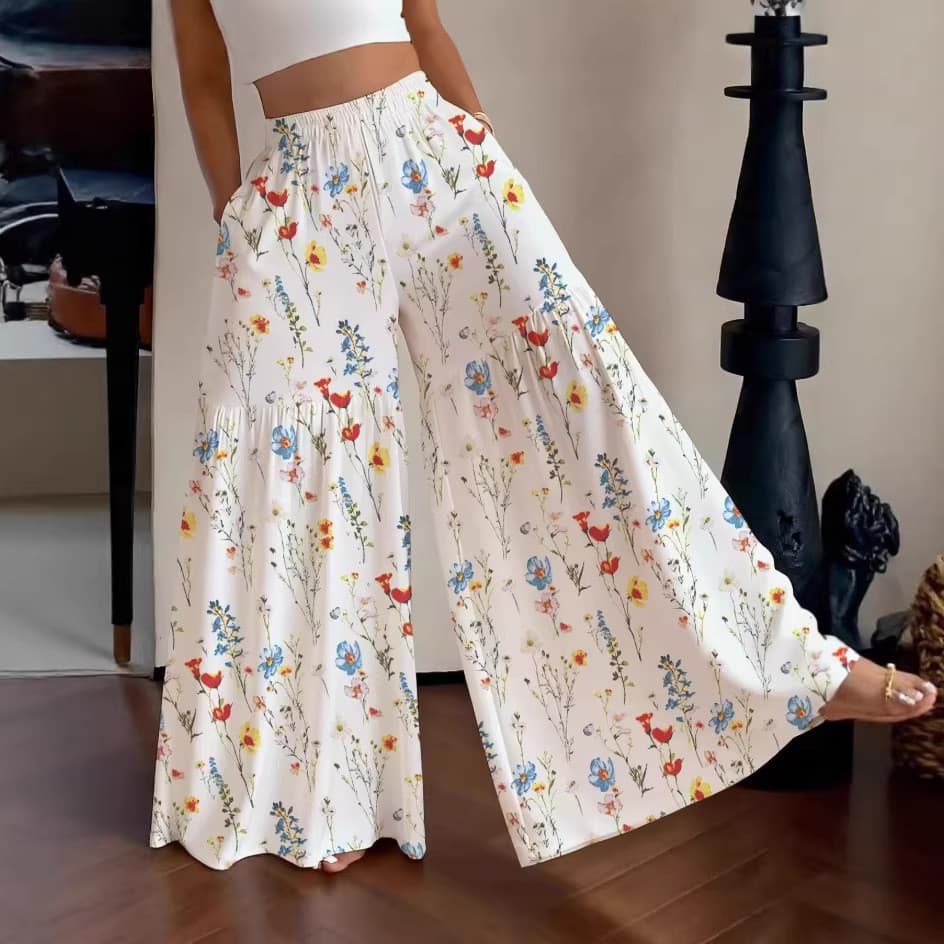 2026 calças florais femininas cintura alta solta fina perna larga elegante mais magro olhar All-Match em linha reta tama