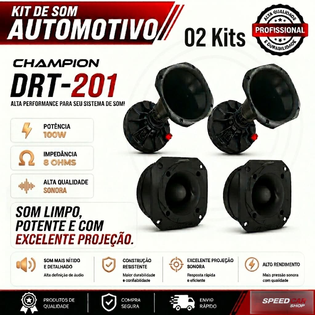 2 Kit Driver Champion +Tweeter Champion + Corneta Curta 100W para Som de Carro Caixa de Som Som Trio