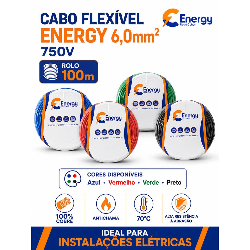 Cabo Flexível Energy 6,0mm² 750V Rolo 100 Metros Cobre Antichama Azul Vermelho Verde Preto