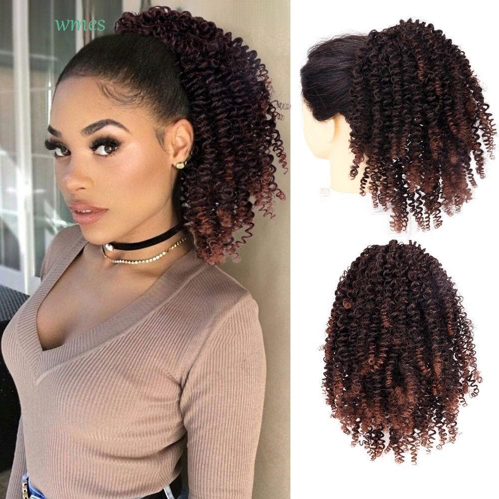 WMES1 Pedaços De Cabelo Encaracolados , Rabo De Cavalo Curto Afro Com Cordão , Resistente Ao Calor , Natural