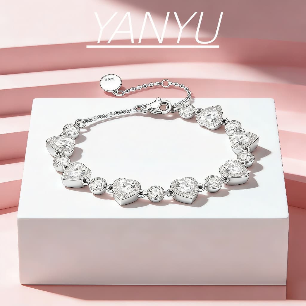 Pulseira em formato de coração em prata S925, incrustada com zircônia brilhante e diamantes rosa-brancos, presente l WIT