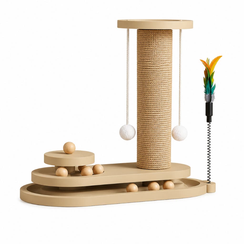 brinquedo para gatos: plataforma giratória de madeira maciça com bolas e arranhador de sisal durável