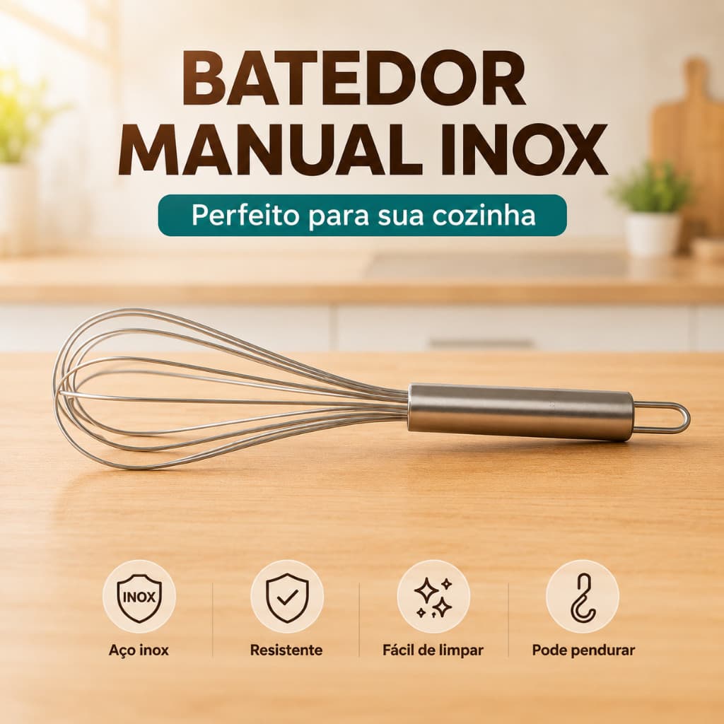 Batedor Fouet Inox Manual para Ovos Massas e Cremes Utensílio de Cozinha Resistente Prático Simples Profissional Durável