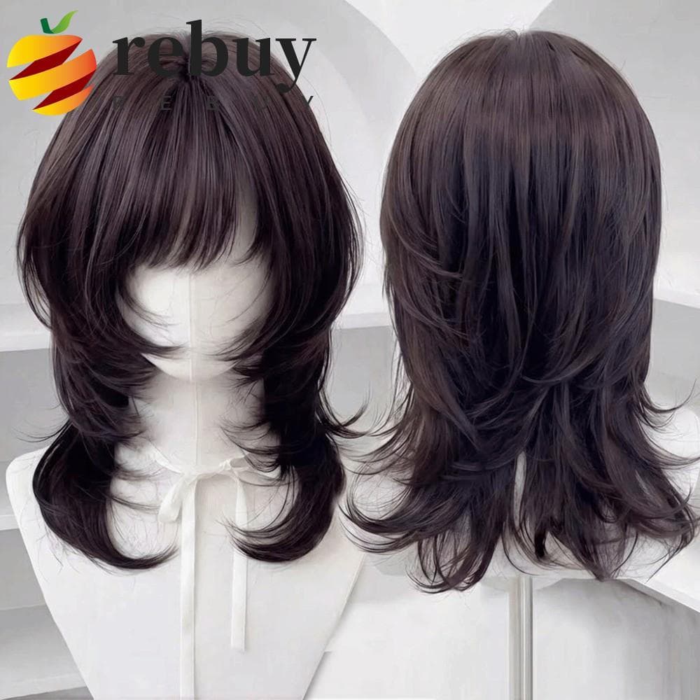 REBUY1 Peruca Média Reta Em Camadas , Sintética De Água-Viva Com Franja , Corte De Cabelo De Tainha