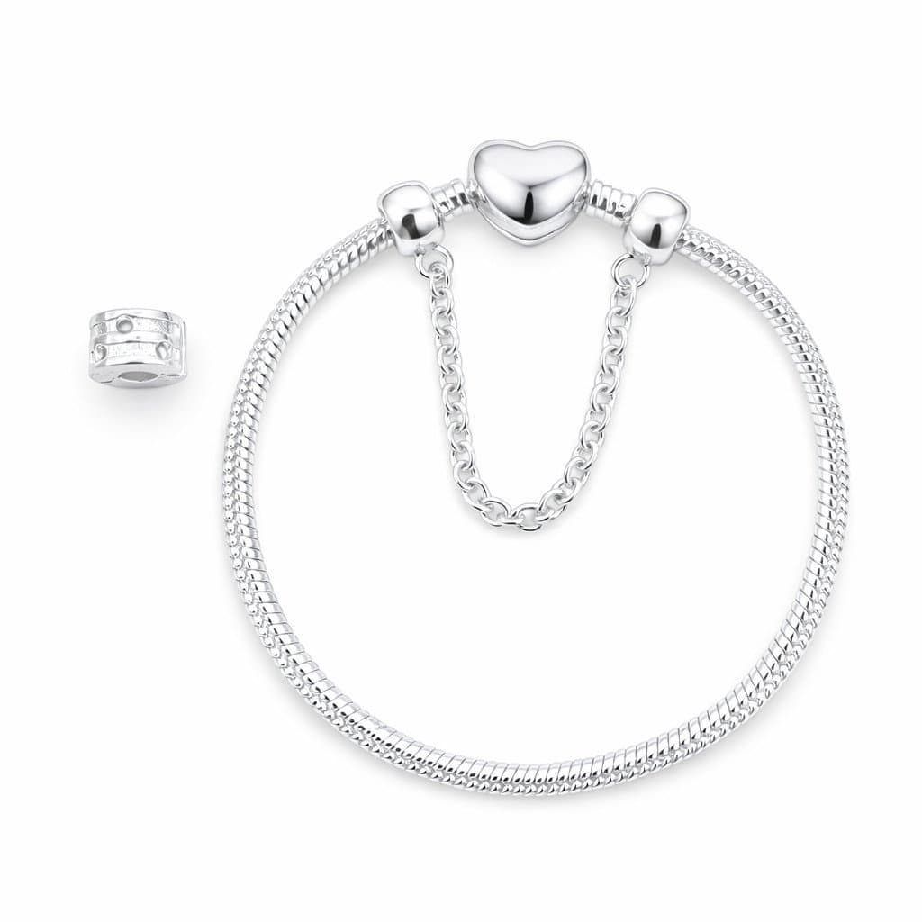 Pulseira Feminina de Prata com Coração | Snake Chain com Trava de Segurança + Porta-Joias