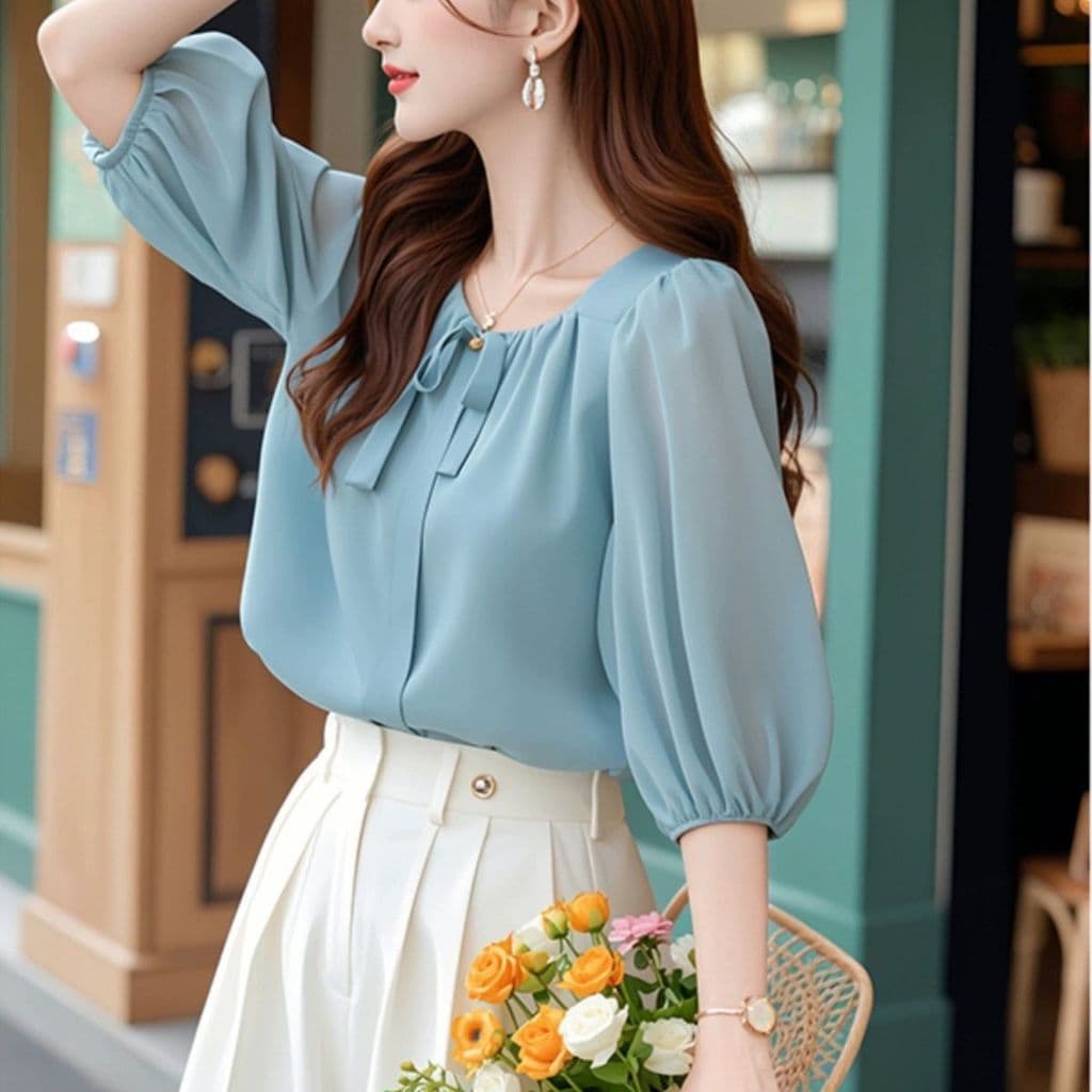 Redução de idade bonito coreano chique Commuter topo Casual azul meia manga Chiffon camisa feminina verão