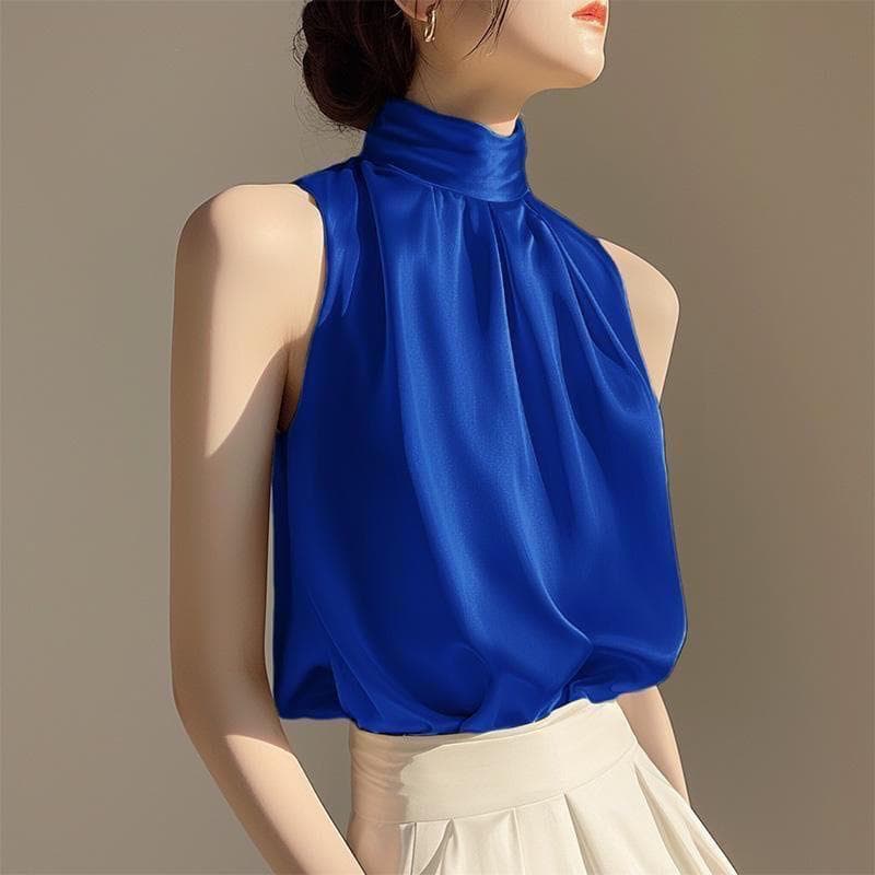 High-End Halter pescoço camisa feminina verão novo estilo estilo francês sem alças cetim sem mangas topo elegante temper