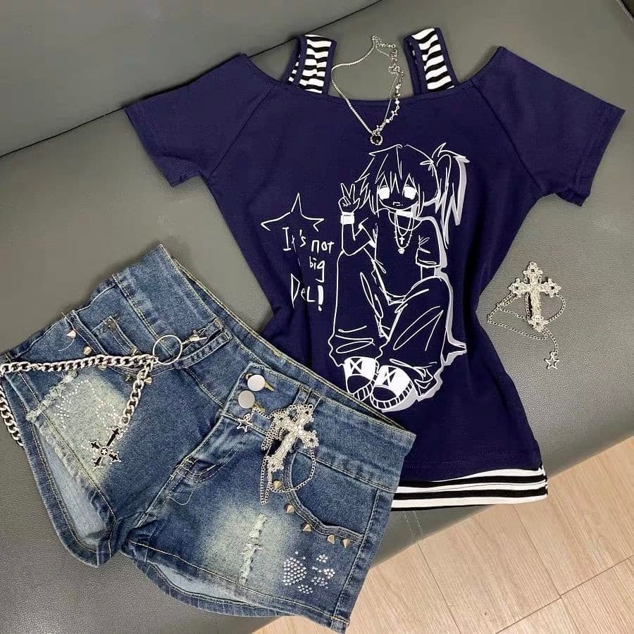 Anime Manga Curta Camiseta Feminina Xia Picante Menina Magro Japonês Yabi Y2k Topo