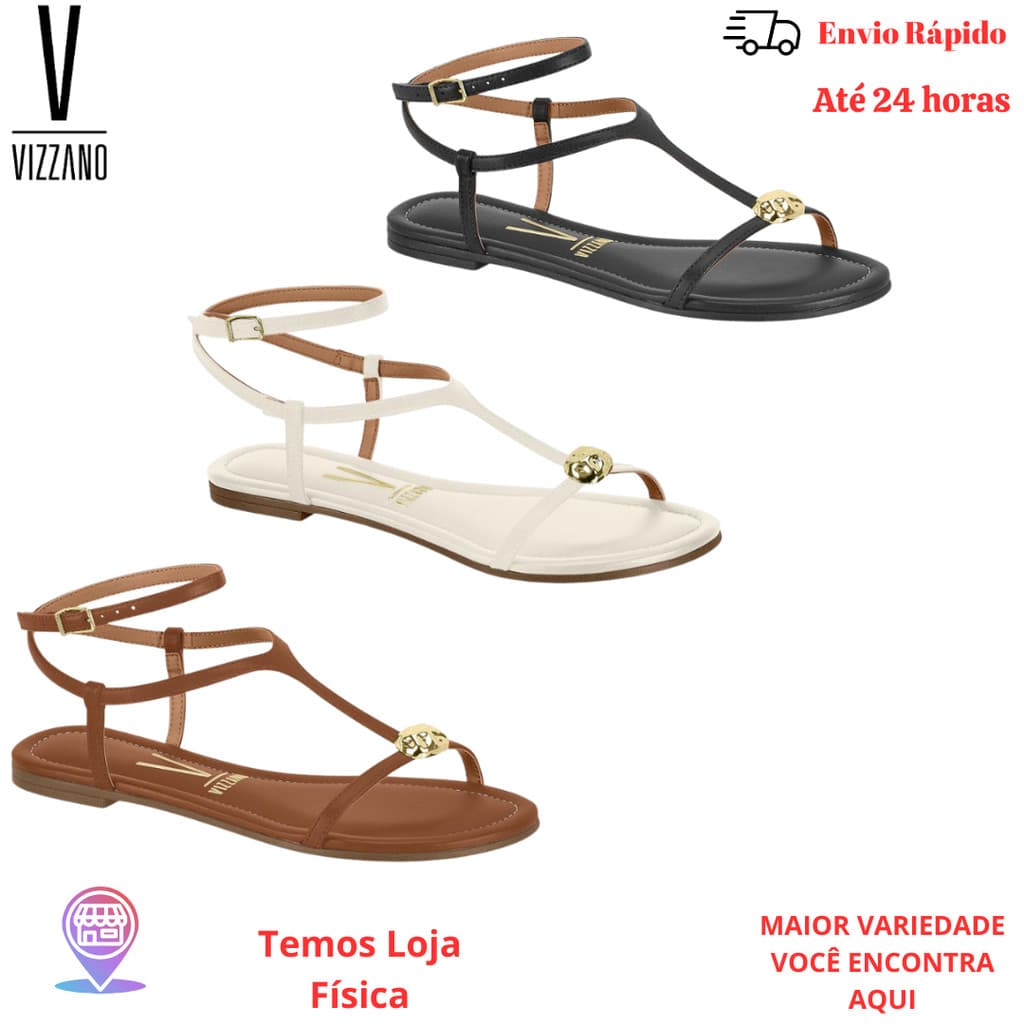 Sandália Feminina Rasteira Casual VIZZANO Tiras Detalhe Dourado