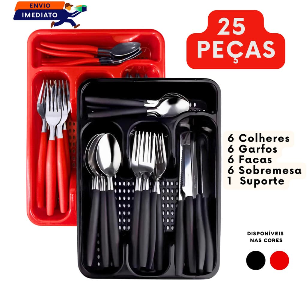 Talheres Inox com cabo Plástico cores Vermelho ou Preto Kit com 24 Peças + Gaveteiro para Cozinha Restaurante e Buffet