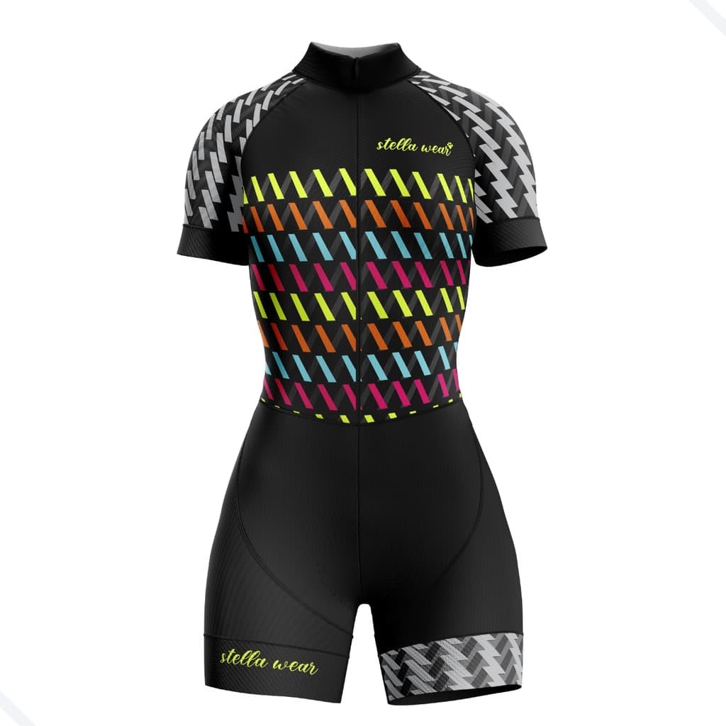 Macaquinho Ciclismo Feminino Profissional Gel Acolchoado UV Proteção MTB Speed Stella Wear Zig Zag Preto