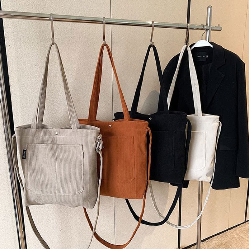 Bolsa Feminina em Veludo Cotelê Tote e Transversal Grande Capacidade com Bolso Frontal Estilo Casual