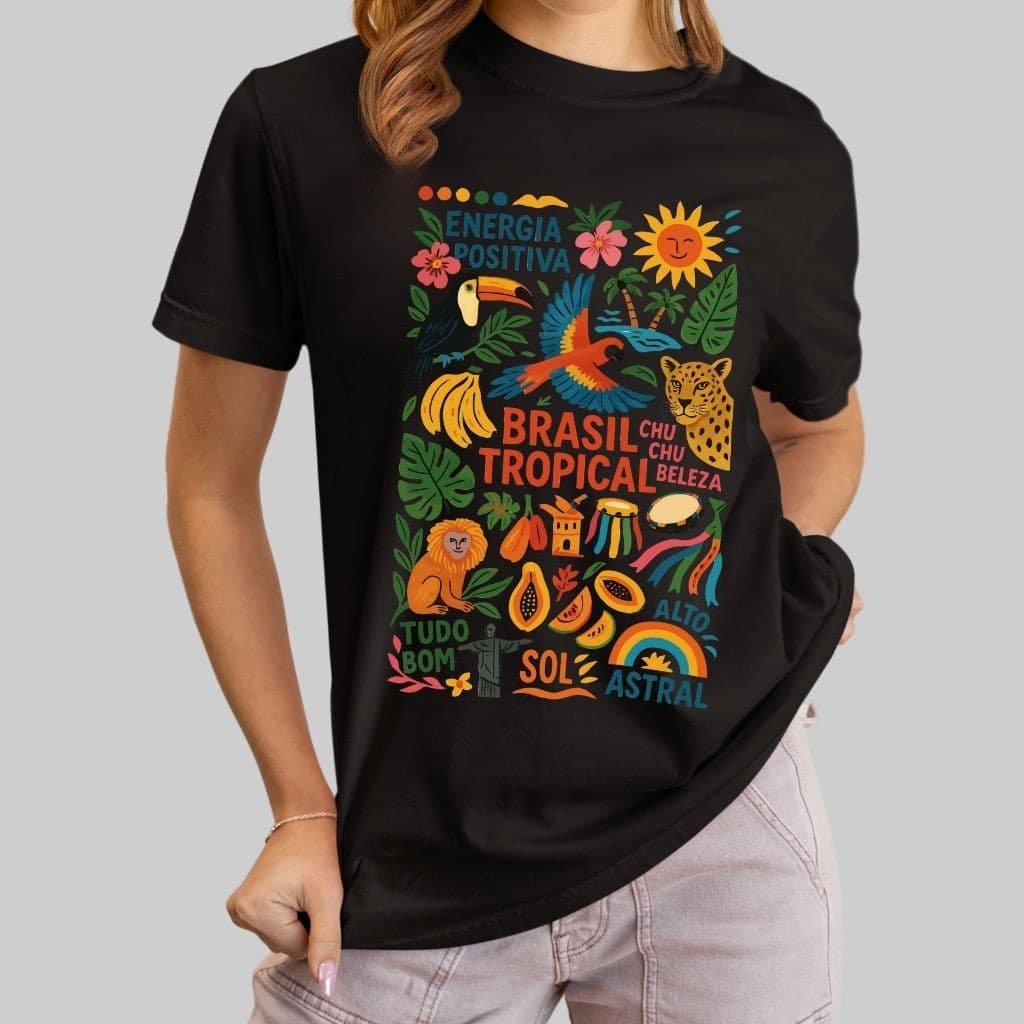 Camiseta Básica Brasil Tropical Estampa Brasil Colorida - Infantil Adulto Plus Size