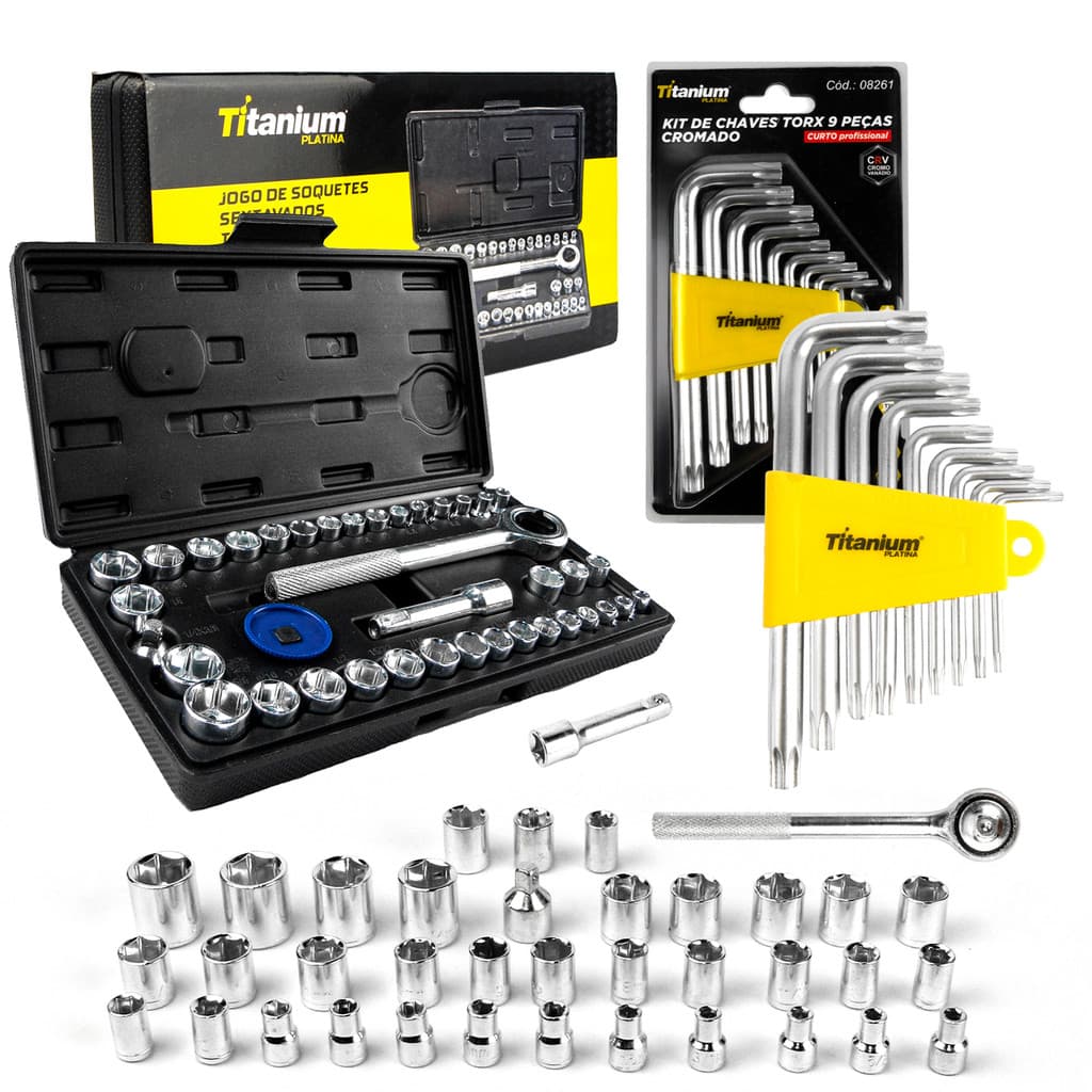 Jogo Soquete 40 Peças + Jogo Chave Torx Curto CRV 9 Peças Profissional Titanium Platina