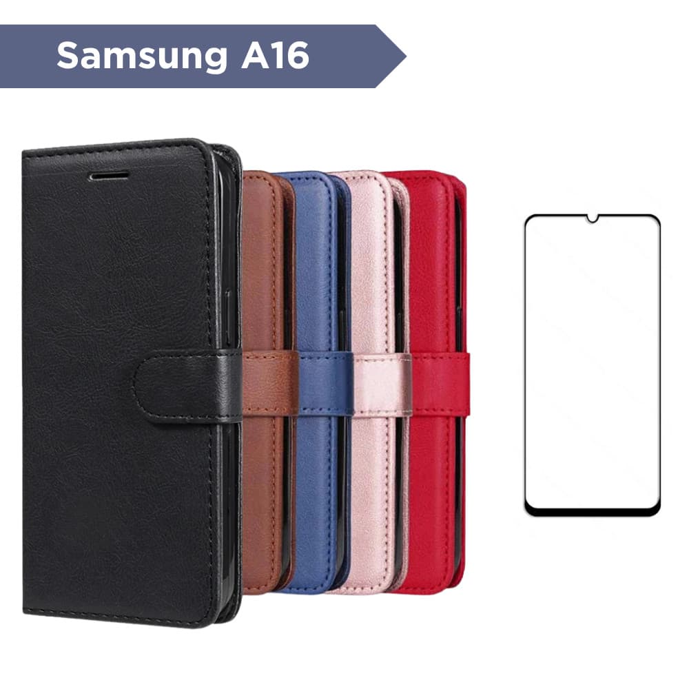 Kit Capa Carteira P/ Samsung Galaxy A16 - Couro Sintético Case Capinha e Película 3D Vidro