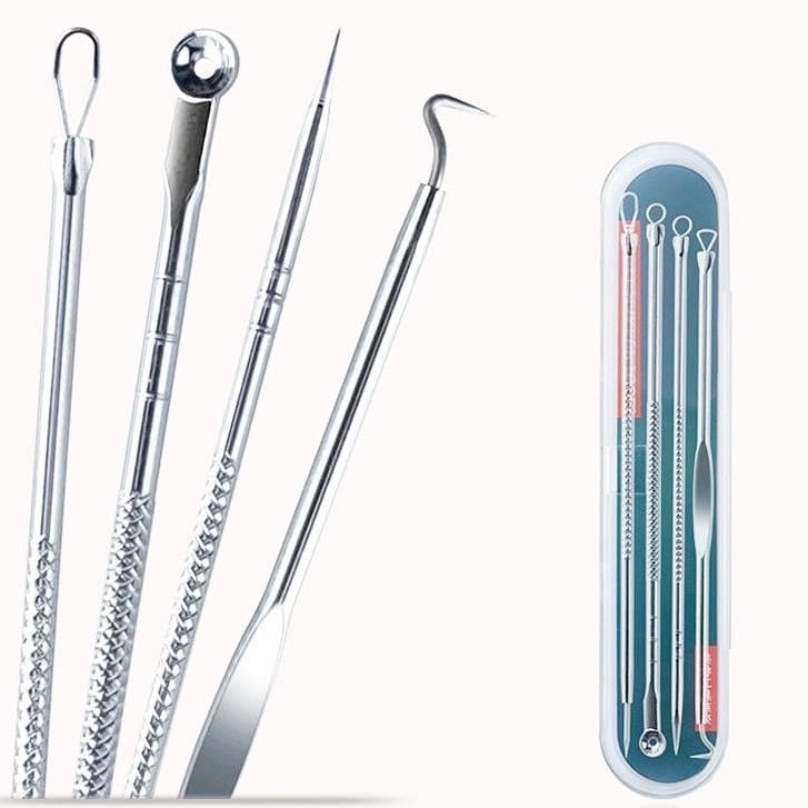 Kit Acne Espinha Extrator De Cravos Profissional Removedor 4 Pçs de Ponta Dupla com Pinça/Extrator (S29)