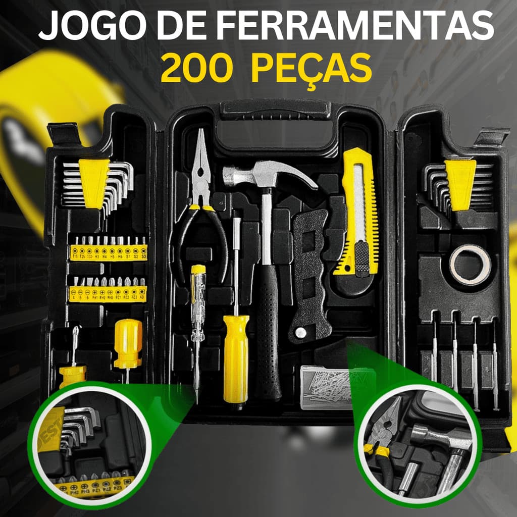 Kit 200 Peças Ferramentas Maleta Martelo Chaves Bits Estilete Profissional Doméstico