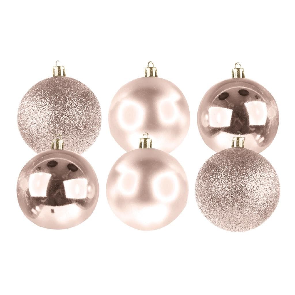 Kit com 6 bolas de natal mistas rose gold com glitter para arvore 8cm